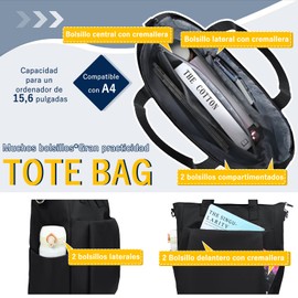 Bolso de mujer,Tote bag acomoda ordenadores de hasta 15,6 pies,bolsas tote impermeable,playa, viajes, compras, compras,Negro