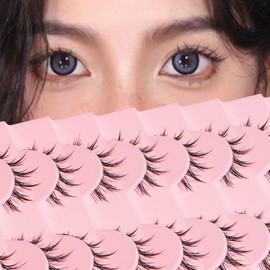 outopen 10 Pairs Manga Lashes Natural Look False Eyelashes Wispy Spiky Anime Lashes Korean Japanese Asian Style Cosplay Fake Eyelashes with Clear Band