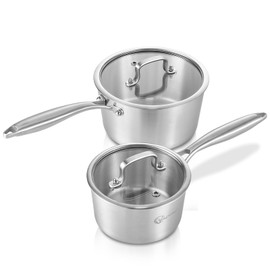 LOLYKITCH Whole Body Tri-Ply Stainless Steel Saucepan Set of 2,1.5QT & 3QT,Induction Pots,Dia.16CM & 20CM Saucepans with Lids,Oven and Dishwasher Safe.