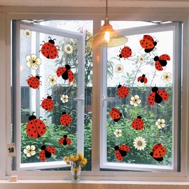 Lilacanthara Ladybug Window Stickers Cute Insect Window Decals Flower Window Clings for Glass Windows Reusable Double-Sided Glass Decal (Insect)
