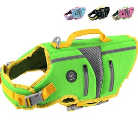 EMUST Dog Life Jacket, Reflective Dog Life Vest for Swimming with 4 Pockets, High Buoyancy Small Medium Large Dog Floating Vest with Reinforced Rescue Handle, Green, XS