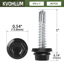 #10 x 1 (50 PCS) Black Metal Roofing Screws with Rubber Washer, Hex Head Metal to Wood Self Tapping Siding Screws, Self Drilling Sheet Metal Screw, Hex Bit Socket Included
