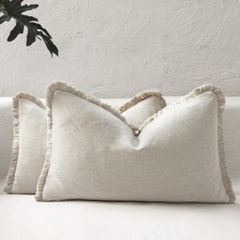 ROMANDECO Boho Decorative Lumbar Pillow Covers with Fringe for Couch, Living Room, Bed Set of 2, 12x20 Inches, Natural Beige