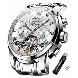 OLEVS Silver Mens Automatic Watches Self Winding Mechanical Skeleton Tourbillon Luxury Diamond Business Dress Date Wrist Watches for Men Waterproof Luminous