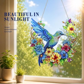 Hummingbird Stained Glass Suncatcher Window Hanging, Renyalora 10 Inch Real Glass Colorful Bird & Flower Sun Catcher Window Decor for Home Garden Patio Porch, Bird Lover Gift for Mom Women