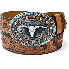 Western-Cowboy-Leather-Belts for Women Turquoise-Oval-Buckle Embossed Cowgirl Belt for Jeans Pants Fit for 27"-41" - Color: Brown, Size: Fit for 36-41" waist