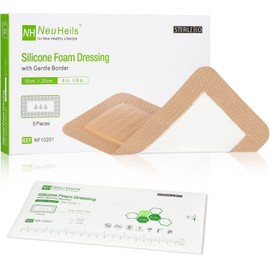 Silicone Foam Dressing with Gentle Border for Post-op Surgical Wounds 4''x8'', Absorbent Pad 2''x6'', Pack of 5, Silicone Wound Bandages for Cuts, Abrasions, Bed Sore, Pressure Ulcer