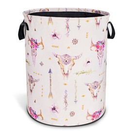 Bohemian Cow Skull Laundry Basket Ethnic Style Foldable Oxford Cloth Funny Tote Bag Laundry Hamper Clothes Storage Bucket Toy Organizer For Bathroom/Laundry Storage/Bedroom 18.9x16.5 Inch