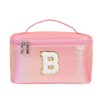 Large Preppy Patch Makeup Bag,Travel Cosmetic Bags PU Leather Portable Waterproof Toiletry Storage Case with Chenille Letter Zipper Daily Use Pouch for Women,Gradient Peach Pink B