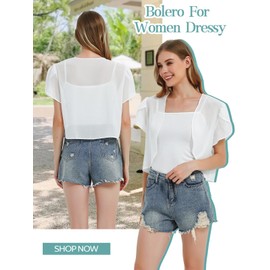 BALAYSIER Bolero Women's Festive Short Sleeve Chiffon Bolero Jacket Summer Jacket for Evening Dress Transparent Open Cardigan, White