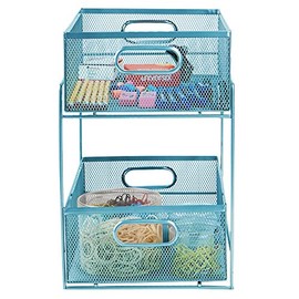 Mind Reader Sliding Metal Baskets, Cabinet Storage Organizer, Home, Office, Kitchen, Bathroom, One Size, Turquoise 2 Tier Mesh