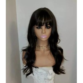 Unbranded Wig - Human Hair Blend  - Heat Resistant Dark Brown Wavy Curly Layers bangs