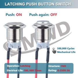 DMWD 2pcs 19mm Latching Metal Push Button Switch High Round Head with Pre-soldered Cable 3/4" Mounting Hole 1NO 12V 24V 36V 110V 220V Waterproof IP66 Without LED (Silver)