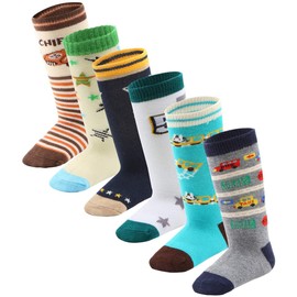 6 Pairs Toddler Boy Non Slip Grip Socks Knee High Socks Cotton, Baby Boys Anti Skid Long Socks for Kids boy (6 Pairs, 3-5 Years)