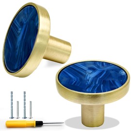 Cionyce 2 Pack Gold Knobs for Dresser Drawers, Brass Round Dresse Cabinet Knobs for Kitchen Cabinet Cupboard Door Decorative Furniture Hardware, 1-1/4" Diameter, Navy Blue