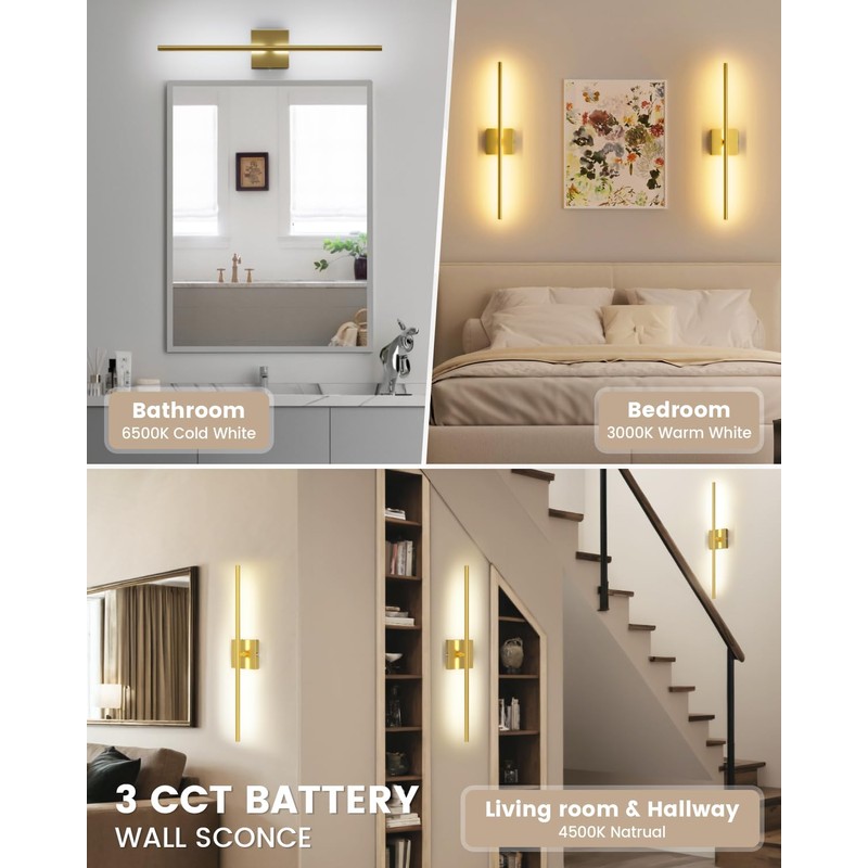 VOLISUN Battery Operated Wall Sconce Set of Two, Gold Rechargeable