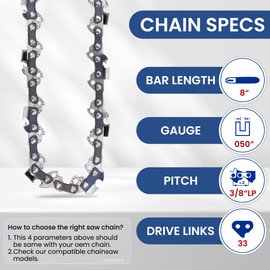 8 Inch Chainsaw Chain, 3/8" LP Pitch .050" Gauge 33 Drive Links Fits Portland Harbor Freight 62896 68862 63190 56808, Greenworks Pole Saw: 20192 Corded 6.5A, and More- S33 (1 Chains)