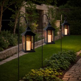 Lanterns Decorative Outdoor & Indoor - 2 Pack Black Candle Lantern, 13.3in Waterproof LED Lantern for Patio & Porch, Battery-Powered Hanging Vintage Lantern with Timer for Weddings, Transparent