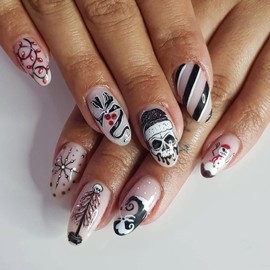 Christmas Press on Nails Medium Almond MABKJLF Fake Nails False Nails with Snowflake Snowman Skull Stripes Designs Glossy Glue on Nail Winter Full Cover Acrylic Nails for Women Girls 24Pcs