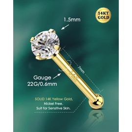 COCHARM 14K Solid Gold Bone Nose Stud 22g 1.5mm 2mm 3mm CZ Yellow Gold Nose Bone 22g Press Fit Nose Pin Real Gold 7mm Long Bar Nose Piercing 14Kt Gold Nose Jewelry for Women Man