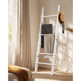 TEAKMAMA 6-Tier Blanket Ladder with Hanging Knobs,5.5 Ft Wall Leaning Blanket Ladders for Living Room Bedroom,Rustic Decorative Storage for Quilts,Throws,Easy to Assemble,White