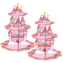 2 Pack Princess Birthday Cupcake Stands Party Decorations - 3 Tier Pink Castle Crown Floral Rainbow Theme Party Supplies for Girls Baby Shower Cupcake Dessert Holders Table Centerpieces