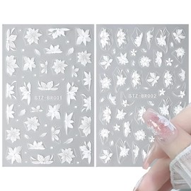 Barlone 3D Weiß Blumen Nail Sticker, 2 Blatt Nagelsticker Selbstklebend, Nagelsticker Blume Nail Art Stickers, Nageldesign Zubehör Nagelaufkleber für DIY Nailart Dekorationen