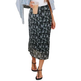 HERBATOMIA Ditsy Floral Print Midi Spring Skirt Casual High Elastic Waist Zipper Vintage Straight Long Skirts for Women