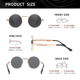 KINGSEVEN Round Sunglasses Men's Polarised Classic Retro Gothic Steampunk Sunglasses Round with UV Protection, Gold grey
