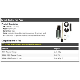 In-Tank Electric Fuel Pump - Compatible with 1984-1991 Toyota Pickup (with 2-Inch Diameter Pump)