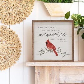 Kendrick Home Red Cardinal Memory Gift - Memories Keep Us Near Memorial Gifts for Loss of Loved One, White Hardwood Decor Sign for Sympathy, Condolences, Grief, and Remembrance, 4" x 4"