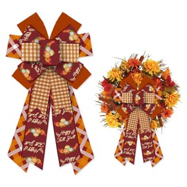Hying Large Fall Bows for Wreath, Orange Plaid Pumpkin Harvest Wreath Bow for Front Door, Thanksgiving Wreath Bows for Harvest Party Decor Indoor Wall Autumn Thanksgiving Decoration Supplies Ornament