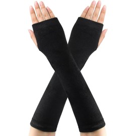 Womens Arm Warmers Long Fingerless Gloves, Knit Stretch Wrist Oversleeve with Thumb Hole for Ladies (Black, One size)