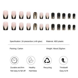 Viwind Short Sqoval Press on Nails,Glitter Fake Nails Kits with Glue,Natural Reusable Stick On Nails in 12 Sizes-24 Stick On French Artificial Nails-Black Gold