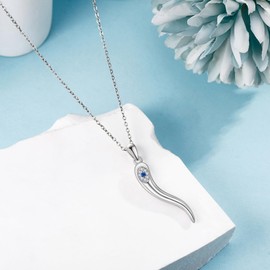 URONE Italian Horn Necklace Sterling Silver Lucky Charm Cornicello Italian Horn Evil Eye Necklace Protective Amulet Jewelry Gifts for Women, Sterling Silver, No Gemstone