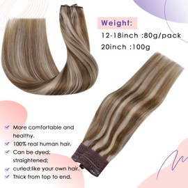 Vivien Highlight Wire Hair Extensions Real Human Hair Blonde Invisible Wire Hair Extensions Light Brown with Blonde One Piece Fishing Line Hair Extensions 80g #P8/60 18 Inch