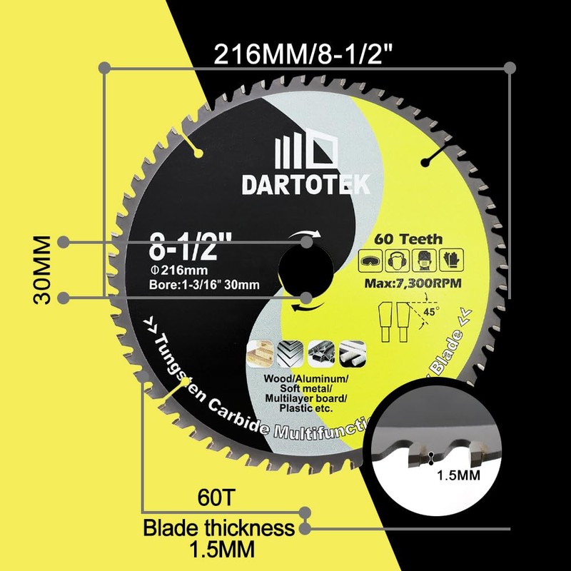 DARTOTEK TCT Carbide Saw Blade 60T Tipped Teeth Circular Multi-Purpose