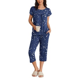 Ekouaer Womens Pajama Set Short Sleeve Sleepwear Pleated Floral Pjs Set Capri Pants Lounge Sets with Pockets S-XXL