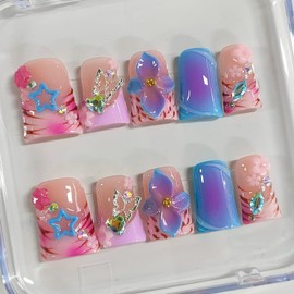Handmade Press on Nails Short Duck 3D Floral Thick Acrylic Fake Nails French Tip False Nails with Leopard Print Butterfly Stars Flower Designs Nail Pink&Purple Sturdy Art Press on Nails 10Pcs(M)