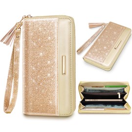 Coco Rossi Wallets for Women PU Leather Card Holder Organizer Ladies Clutch with Tassel Wristlet Wrist strap, Champagne Gold Glitter, long purse, Casual