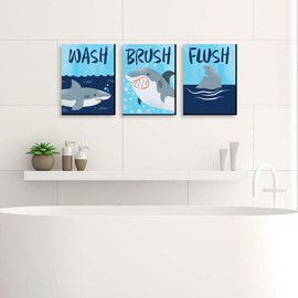 Big Dot of Happiness Shark Zone - Kids Bathroom Rules Wall Art - 7.5 x 10 inches - Set of 3 Signs - Wash, Brush, Flush
