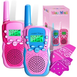 Waka Waka Walkie Talkies for Kids (2 Pack, Pink and Light Blue) — Long Range Two-Way Walkie Talkie Set with Bandanas and Whistles Included — Great for Indoor or Outdoor Play — Gift for Boys and Girls