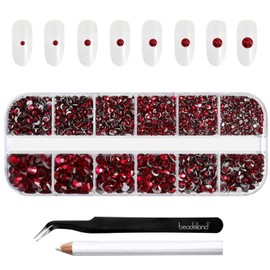 Beadsland Rhinestones for Makeup, 8 Sizes, 2500 Pieces, Crystal Flat Back Rhinestones, Face Gemstones for Nails, Crafts with Tweezers and Wax Pen, Dark Red, SS4-SS30