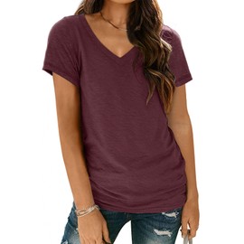 AUTOMET Short Sleeve Blouse Casual Tunic Tees Tops V Neck T-Shirts Womens Fashion Trendy Comfy Summer Outfits Clothes 2025 WineRed XL