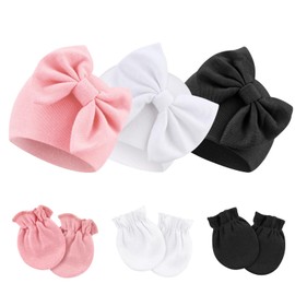 DRESHOW Newborn Baby Hats Mittens Set Hospital Hat Beanie Infant Bow Hats Baby Cotton Gloves No Scratch Mittens for 0-6 Months