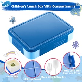 PUWOWYE Brotdose Kinder mit Fächern, Bento Box Kinder, 1330 ml Auslaufsicher Lunchbox Kinder, Brotbox für Mädchen & Jungen, geeignet für Schule, Kindergarten & Ausflüge BPA frei (Blau)