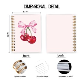 JWVK Coquette Pink Bow Cherry Notebook, Pink Girly Spiral Notebook 5.5x8.3, Preppy Aesthetic Journal for Women, Coquette Girly Office Supplies, Preppy Gifts for Women, Spiral Journal