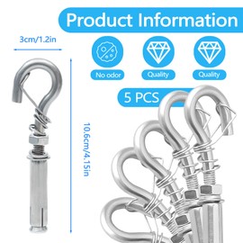 Fatiya 5 Pack Expansion Concrete Wall Anchors Eye Bolts Screw, 304 Stainless Steel Concrete Wall Hooks, M8 x 106Mm Concrete Eye Bolt Anchor Hook for Concrete Wall