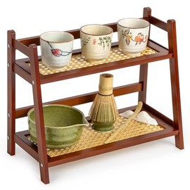 ANBOXIT Coffee Station Organiser, 2 Tier Shelf for Matcha & Coffee Accessories | Wicker Look Bamboo Cup Rack for Kitchen, Household & Office, Spice Organiser Brown