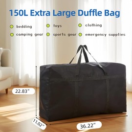 Hijelyn 150L Duffle Bag for Travel, Foldable Large Storage Bag with Zipper, 600D Waterproof Heavy Duty Fabric Large Capacity Luggage Storage Tote for Moving Traveling Camping Gear Outdoor Sport, Black